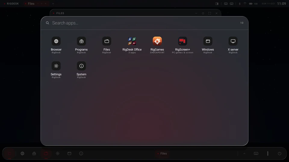 RigDesk on a monitor: the app drawer over the Files window
