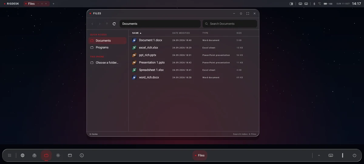 RigDesk on a phone: a desktop with the Files window open